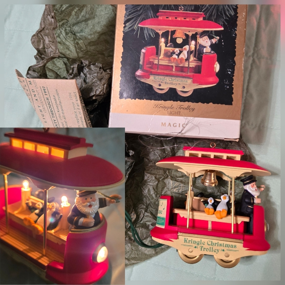 Hallmark Kringle Trolley Red and Cream Ornament with Lights 1994 keepsake